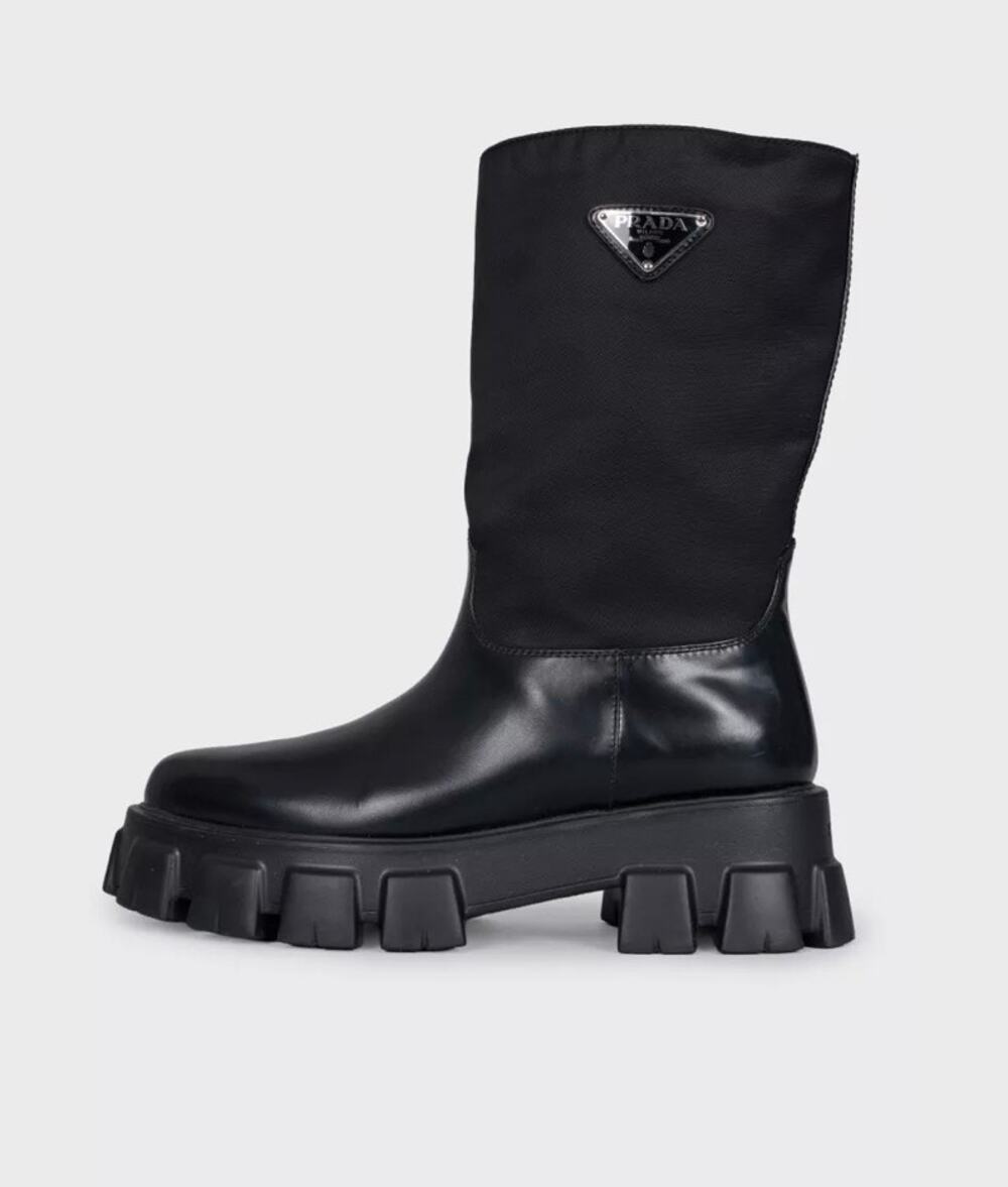 Prada Monolith Black Leather Boots with Silver-Tone Logo - EU 39